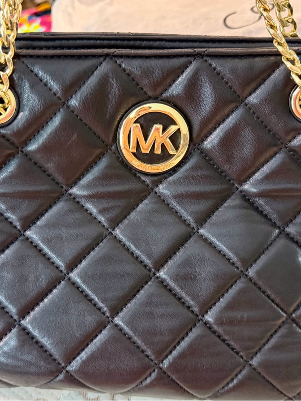 Michael Kors Quilted Black Leather Shoulder Bag with Gold MK Emblem